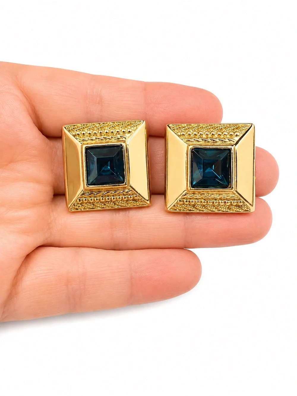 Vintage Gold Tone Blue Cabochon Statement Earrings Heavy Weight Square Studs